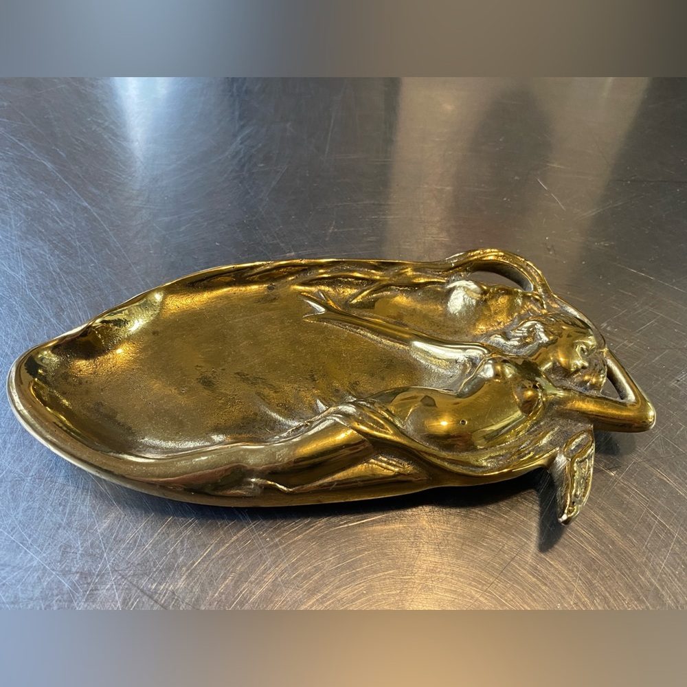 Vintage Art Nouveau Solid Brass Nude Mermaid Maiden Trinket Tray